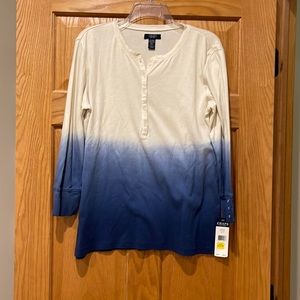 CHAPS womens XL 100% cotton Henley top-cream/blue ombré 3/4 length sleeve NWT